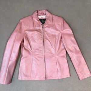 Vintage Oscar Piel Pink Sheen Leather Zip Jacket Pockets Women’s Large